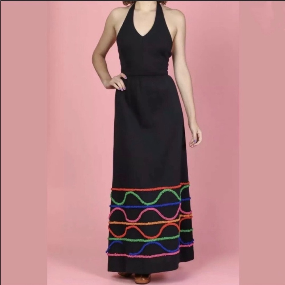 Vintage 70s Halter Neck Black Maxi Dress with Multicolored Striped Ruffled Trim - Picture 1 of 9